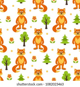 Seamless pattern with forest, foxes, trees, trees, flowers. Cartoon background. Vector illustration.