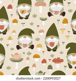 Seamless pattern and forest gnomes  tea cups   mushrooms  Fairy tale cartoon characters  Pastel neutral colors  Vector illustration for nursery decor  textiles   fabrics 