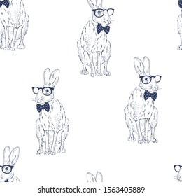 Seamless pattern with forest hare wear tie bow and glasses Bunny dressed up in neardy style on white background Realistic hand drawn vector illustration navy blue backdrop for textile wrapping paper