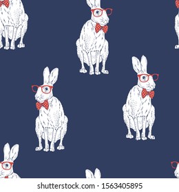 Seamless pattern with forest hare wear red tie bow and glasses Bunny dressed up in neardy style on navy blue background Realistic hand drawn vector illustration backdrop for textile wrapping paper