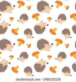 Seamless pattern with forest hedgehog and mushrooms. Vector illustration in cartoon style. Endless texture for kids design