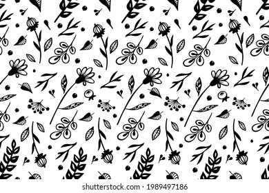 seamless pattern with forest herbs, berries, flowers, leaves, black and white background with decorative botanical elements, stylized plants, vector graphics