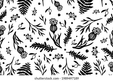 seamless pattern with forest herbs, berries, flowers, leaves, black and white background with decorative botanical elements, stylized plants, vector graphics