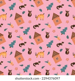Seamless pattern with forest hut, animals and Christmas trees. Design for fabric, textile, wallpaper, packaging.