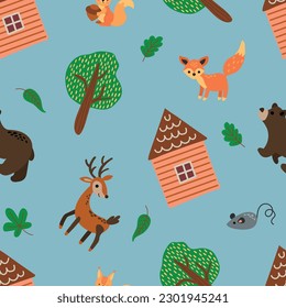 Seamless pattern with forest hut, animals and trees. Design for fabric, textile, wallpaper, packaging.	