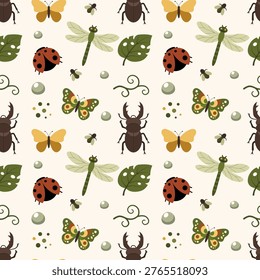 Seamless pattern with forest insects including beetle, ladybug, dragonfly and butterflies with leaves in flat style for fabric and kids design