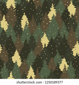 Seamless pattern with forest landscape, camouflage colors