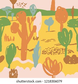The seamless pattern with forest landscape. Hand drawn cosmic nature background for your design.Textile, blog decoration, banner, poster, wrapping paper.