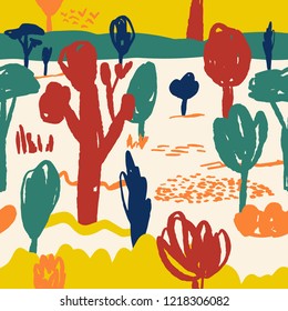 The seamless pattern with forest landscape. Hand drawn cosmic nature background for your design.Textile, blog decoration, banner, poster, wrapping paper.