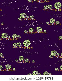 Seamless Pattern with forest landscape and stars and purple background
