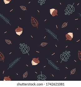 Patrón sin foco con hojas de bosque y bellotas sobre el fondo azul oscuro. Ilustración vectorial. Aislado.