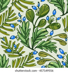 Seamless pattern. Forest leaves fir and sea-buckthorn berries. The green summer foliage colors and blue berries. Neutral background. Warm colors
