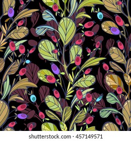 Seamless pattern. Forest leaves fir and sea-buckthorn berries. Black contrasting background. Autumn leaves and red shades of sea-buckthorn berries.
Vertical stripes in the pattern structure.