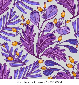Seamless pattern. Forest leaves fir and sea-buckthorn berries. The green summer foliage color and orange sea buckthorn berry. Neutral cool background. Purple colors