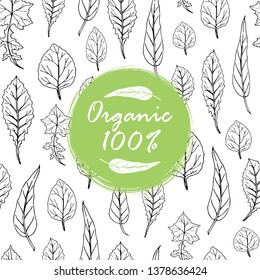 Seamless pattern with forest leaves and green organic label for cosmetics, beauty products, spa, healthy food, textile design, covers, wallpapers, wrapping paper, home decor. Vector illustration.