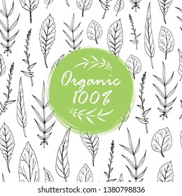 Seamless pattern with forest leaves and green organic label for cosmetics, beauty products, spa, healthy food, textile design, covers, wallpapers, wrapping paper, home decor. Vector illustration.