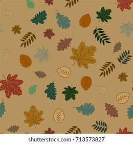 seamless pattern with forest leaves. Multicolored leaves of maple, oak, ashberry and hazelnut on a brown background.