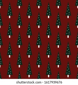 Seamless pattern of a forest of modern Christmas trees on a red background.