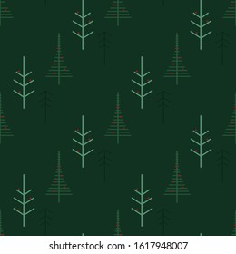 Seamless pattern of a forest of modern winter trees on a dark green background.