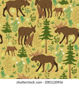 Seamless pattern with forest moose. Vector graphics.