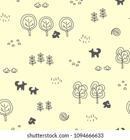 Seamless pattern with forest motifs - trees, bushes, flowers, branches, animals. Monochrome linear ornament. Great for prints, textiles, covers, gift wrappers, backdrops.