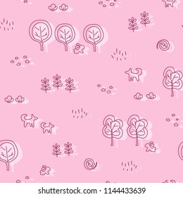 Seamless pattern with forest motifs - trees, bushes, flowers, branches, animals. Monochrome linear ornament. Great for prints, textiles, covers, gift wrappers, backdrops.