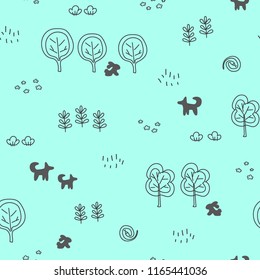 Seamless pattern with forest motifs - trees, bushes, flowers, branches, animals. Monochrome linear ornament. Great for prints, textiles, covers, gift wrappers, backdrops.