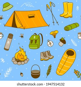 Seamless pattern with forest and mountain hiking items on blue - cartoon objects for Your design