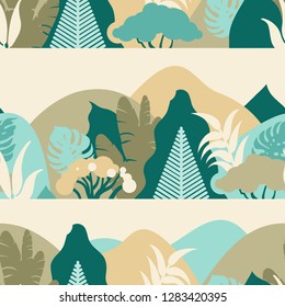 Seamless pattern with forest in the mountains with tropical plants. Landscape for tourism. Preservation of the environment. Park, outdoor space. Vector illustration.