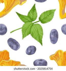 Seamless pattern Forest mushroom Chanterelle blackberry leaf blueberry vector