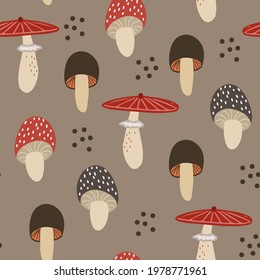 Seamless pattern with forest mushrooms 