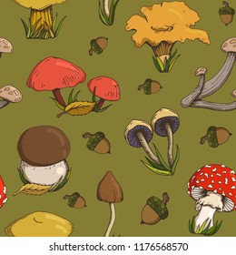 seamless pattern with forest mushrooms and acorns