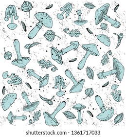 seamless pattern of forest mushrooms and autumn leaves,  hand sketch with contour lines. Vector illustration