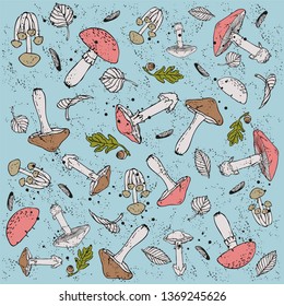 seamless pattern of forest mushrooms and autumn leaves,  hand sketch with contour lines. Vector illustration
