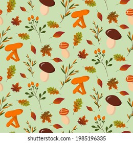 Seamless pattern with forest mushrooms and autumn leaves. Vector illustration. For the design of prints, cards, flyers, clothing, packaging, brochures and covers.