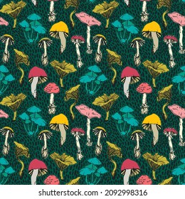 Seamless pattern with forest mushrooms, autumn palette, folk style vector illustration