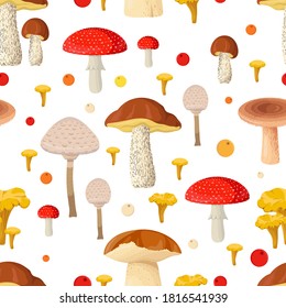Seamless pattern with forest mushrooms and berries. Nature gifts ornament on white background.