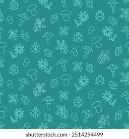 Seamless pattern forest mushrooms and berries doodle style. on green Background. Hand drawn vector illustration. Nature and forest concept.