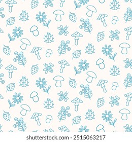 Seamless pattern with forest mushrooms and berries in doodle style. Hand drawn vector illustration. Blue and white line art. Nature and forest concept.