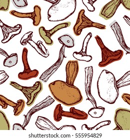 Seamless pattern with forest mushrooms. Boletus, porcini, chanterelles. Objects drawn with ink and pen. Hand drawn. Vector illustration.