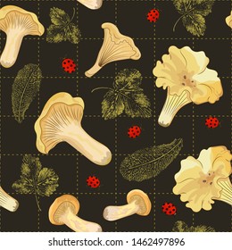 Seamless pattern with forest mushrooms chanterelles on a dark background with stamps of autumn leaves