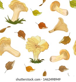 Seamless pattern with forest mushrooms chanterelles on a white background with flying autumn leaves