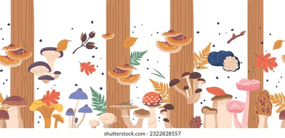 Seamless Pattern With Forest Mushrooms, Featuring A Variety Of Colorful Fungi Scattered Across A Natural Backdrop