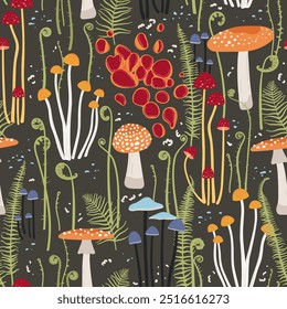 Seamless pattern with forest mushrooms and fern leaves