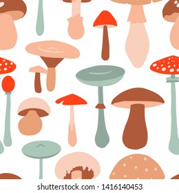 Seamless pattern with forest mushrooms. Flat style, doodle texture for design, textile, packaging, paper. Hand drawn autumn illustration in vector. 