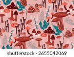  Seamless pattern with forest mushrooms, fly agaric, flowers, and berries on a trendy pink background. Fresh hand drawn botanical print. Mysterious forest aesthetics collection, original design.