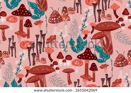  Seamless pattern with forest mushrooms, fly agaric, flowers, and berries on a trendy pink background. Fresh hand drawn botanical print. Mysterious forest aesthetics collection, original design.