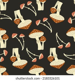 Seamless pattern with forest mushrooms. Fly-agaric on a dark background. Cartoon vector illustration.