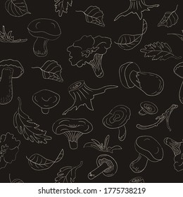 Seamless pattern with forest mushrooms and leaves. Light outline on a dark background.