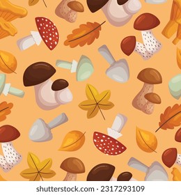Seamless Pattern with Forest Mushrooms And Leaves, Creating A Harmonious And Organic Design. Perfect For Nature-themed Projects, Adding A Touch Of Whimsy And Enchantment. Cartoon Vector Illustration